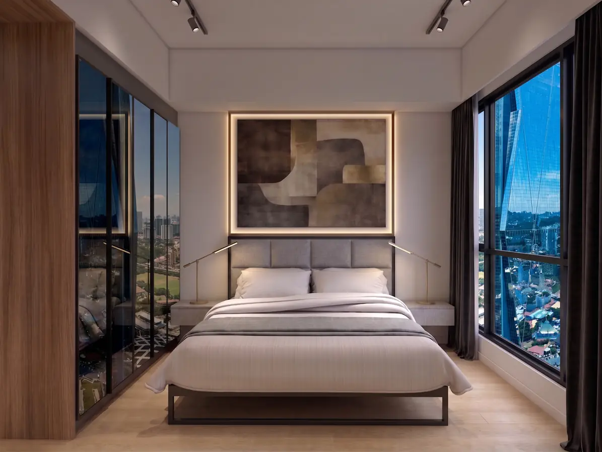 Maba Suitez bedroom interior design with skyline views