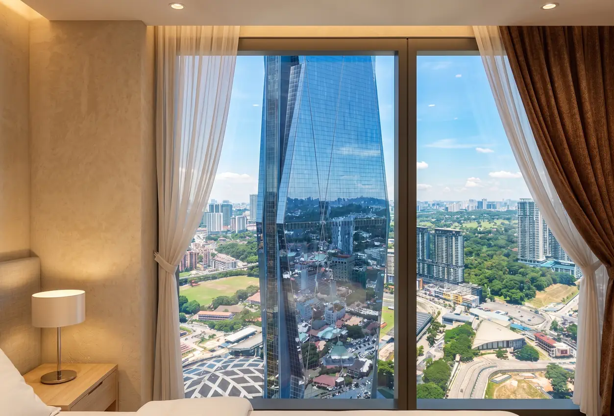 Maba Suitez suite interior with direct floor-to-ceiling view of Menara Merdeka Maybank